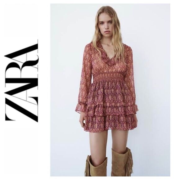Zara Dresses & Skirts - Zara Ruffled Printed Metallic Long Sleeve Mini Dress, Size Small